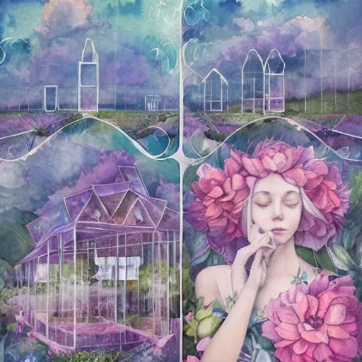 Image similar to watercolor flower houses in a serene landscape by anna dittmann, by marco mazzoni