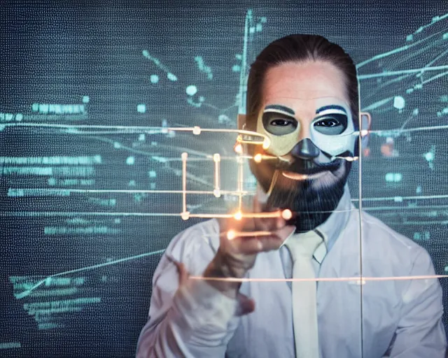 Prompt: man wearing guy fawkes mask doing science in large corporate laboratory, photo, cinematic lighting