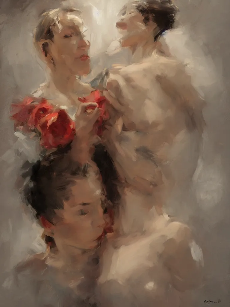 Prompt: romantic portrait, beautiful juicy brush strokes, alla prima, realist, by richard schmid and sargent, trending on cgsociety, red