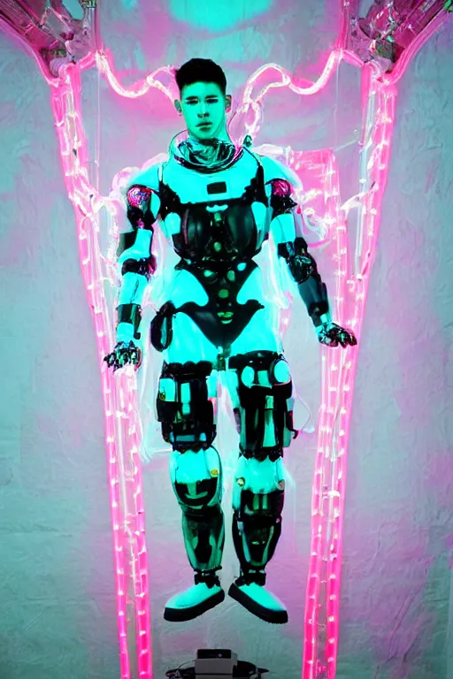 Image similar to full-body rococo and cyberpunk style mint neon and ceramic statue of a muscular attractive Nick Jonas as a robot god humanoid wearing a thin see-through plastic cloak sim roupa, posing like a superhero, suspended to the wall thick clear cables around his wrists, glowing peach face, crown of pink steampunk lasers, large diamonds, swirling silver silk fabric. futuristic elements. oozing glowing liquid, full-length view. space robots. human skulls. throne made of bones, intricate artwork by caravaggio. Trending on artstation, octane render, cinematic lighting from the right, hyper realism, octane render, 8k, depth of field, 3D