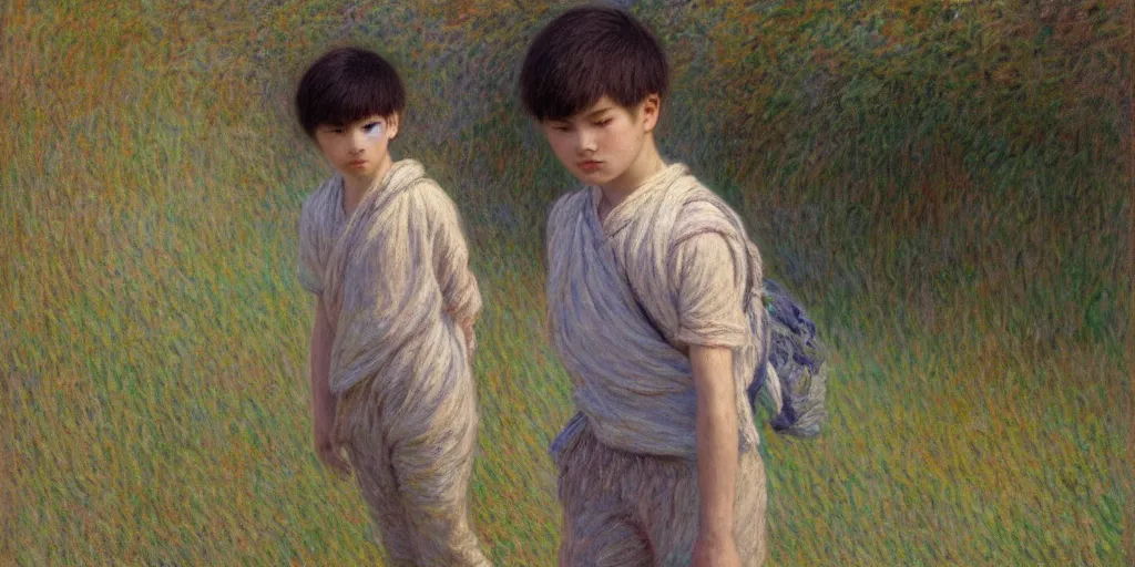 Prompt: a boy on his way to school in the style of jeremy enecio, intricate, miles johnston, monet, cynical realism, john william godward, painterly, yoshitaka amano, miles johnston, louise zhang, pekka halonen, finnish naturalism, realism