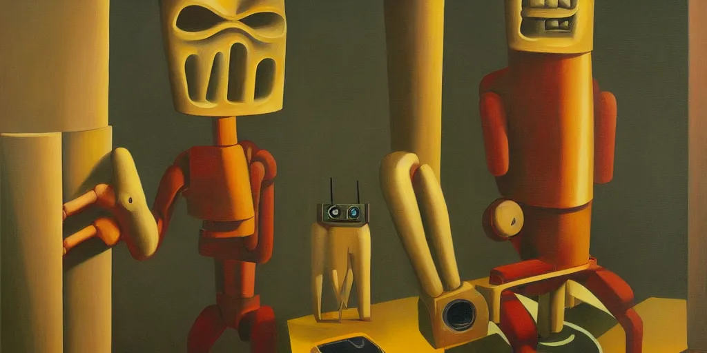 Prompt: evil mastermind robot portrait, grant wood, pj crook, edward hopper, oil on canvas