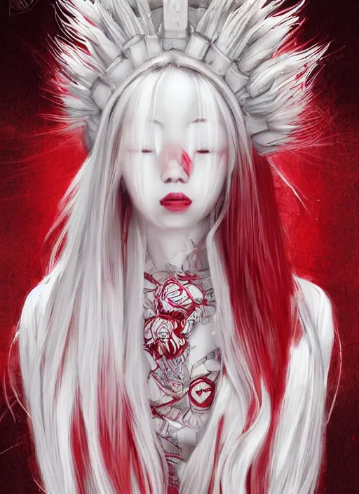 Prompt: albino maiko with very long fantasy hair, dluent composition, red and white neon, concept art, intricate details, highly professionally detailed, cgsociety, highly detailed -