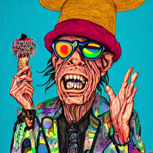 Image similar to old man wearing voodoo hat, mick jagger, art by meow wolf