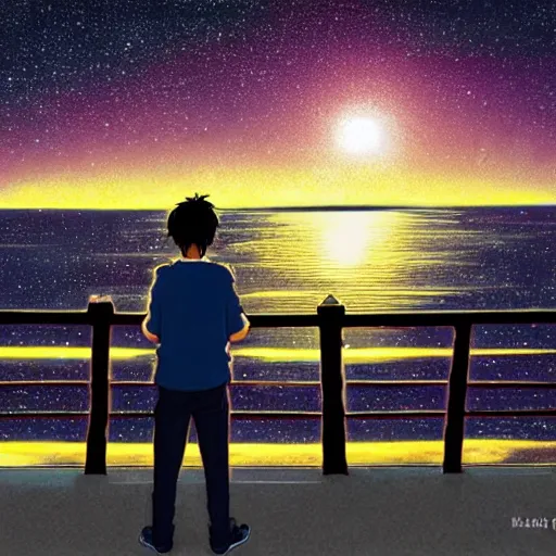 Prompt: Person leaning on a ship railing looking out at a seaside town with a clear starry sky above, anime, by Katsuhiro Otomo, highly detailed, city, nightime, stars above a town n2