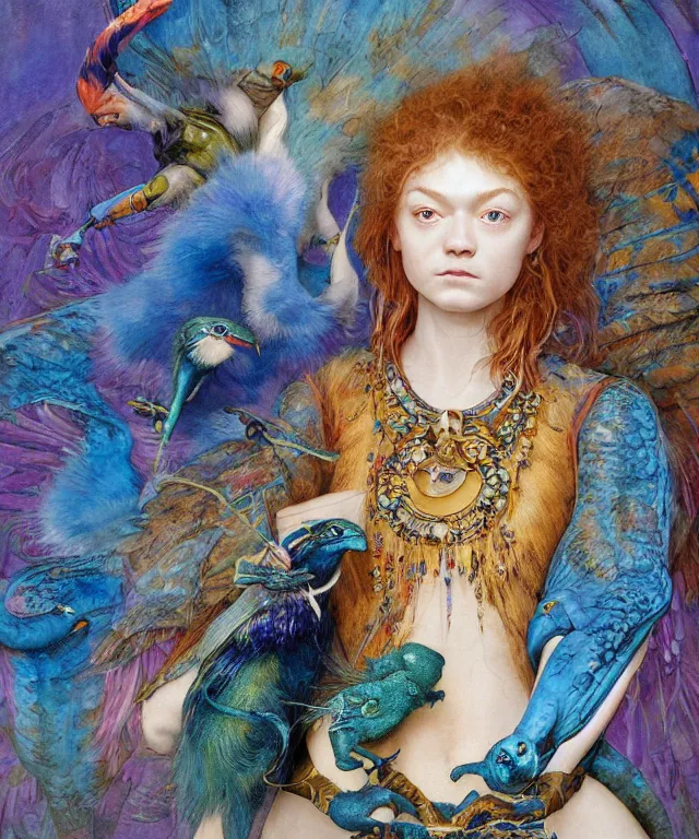 Prompt: a portrait photograph of a meditating fierce sadie sink as a colorful harpy bird super hero with blue wet amphibian skin. she has animal skin grafts and cyborg body modifications and implants. by donato giancola, hans holbein, walton ford, gaston bussiere, peter mohrbacher and brian froud. 8 k, cgsociety, fashion editorial