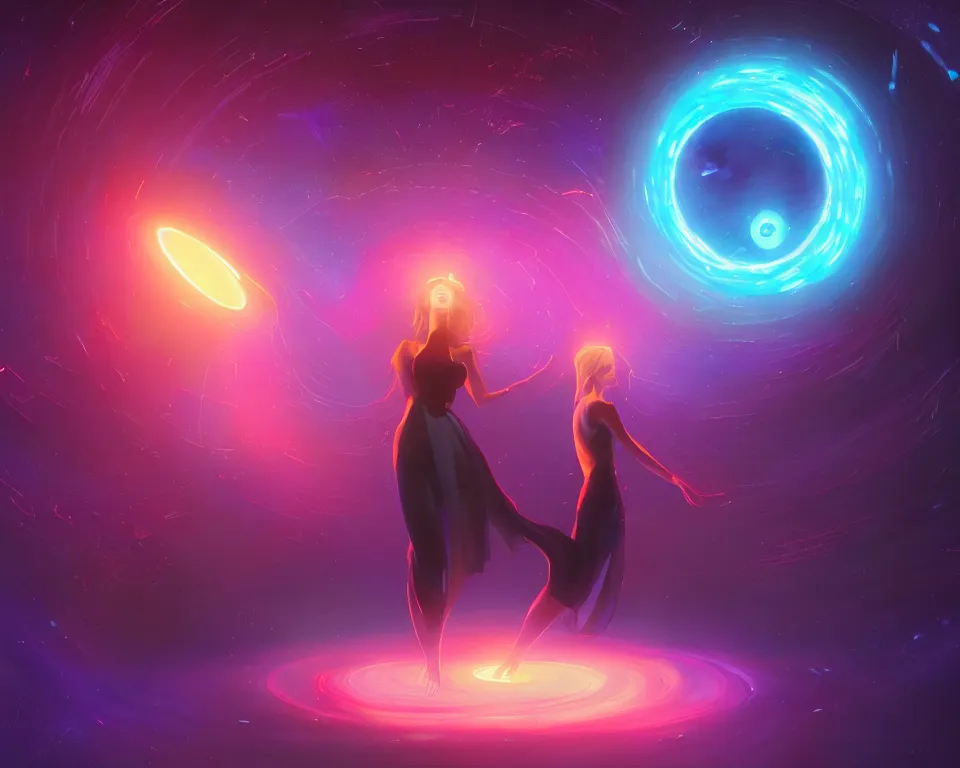 Image similar to a beautiful whimsical woman standing under a multi-colored binary blackhole with an accretion disc, casting magic, glowing trails following her arms, digital art, by Lois van Baarle, by Greg Rutkowski, by artgerm, by beeple, cinematic angle, volumetric lighting, 4k resolution, octane render, trending on artstation, masterpiece