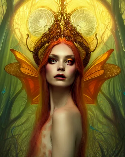 Image similar to portrait, stunningly beautiful female faerie priestess in amanita muscaria forest landscape, symmetrical wings on back, neon hair, wearing a dress of gossamer gold, inner glow, illustration, dramatic lighting, soft details, painting, art nouveau, octane render, 8 k, hd, by brom, faces by otto schmidt