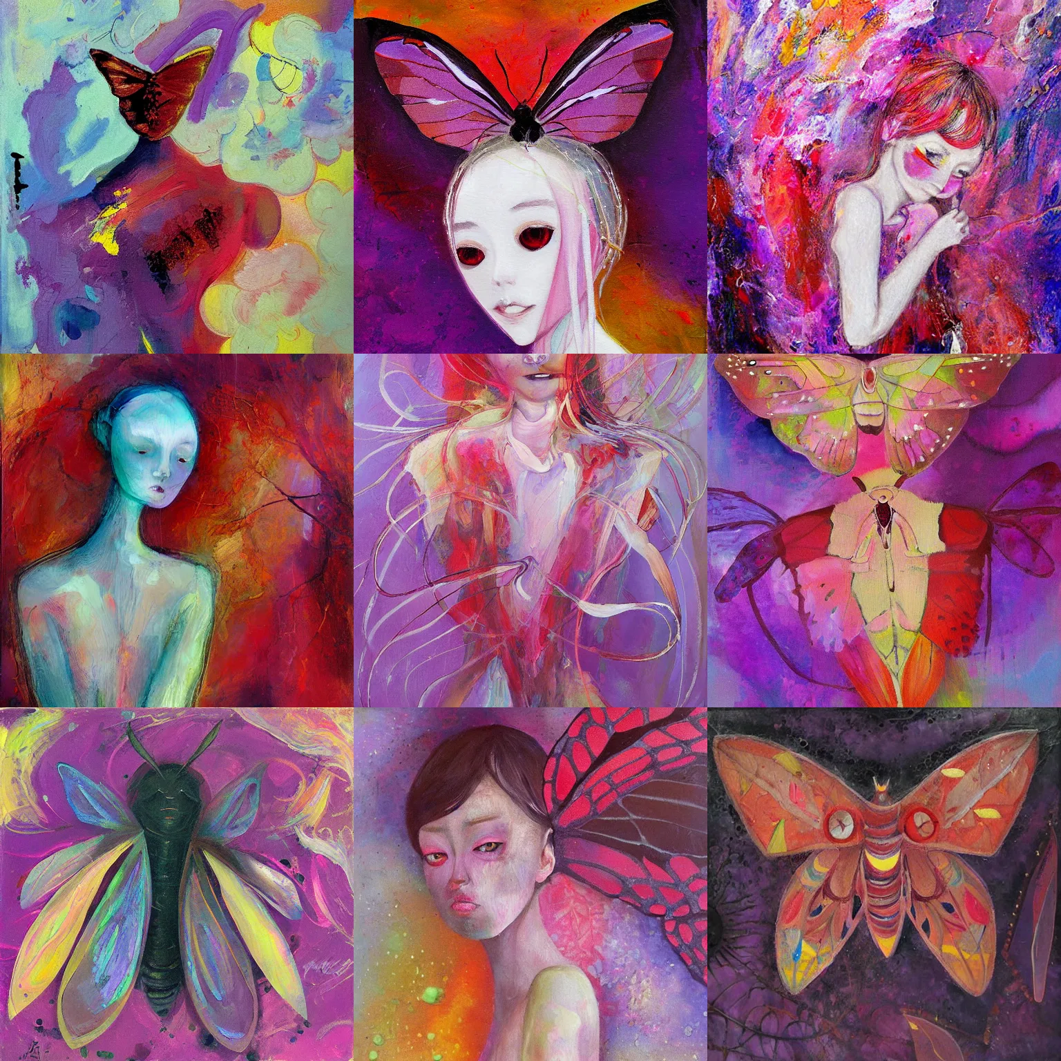 Prompt: a moth humanoid painted by aya takano, superflat art, very ethereal, joy, painterly, heavy impasto, purple and scarlet colours