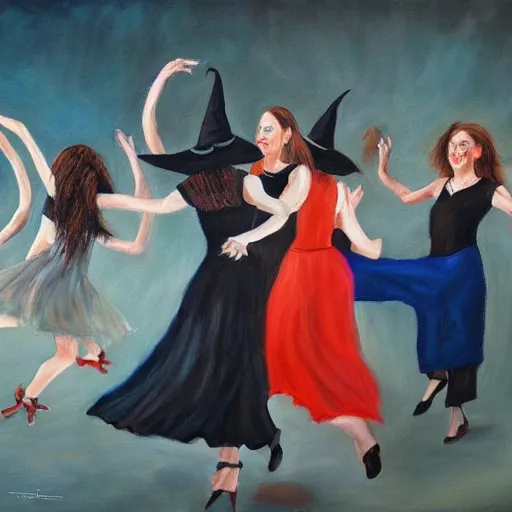 Prompt: a painting of witches dancing in circle hyperrealism