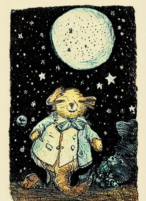 Image similar to candid portrait of a moon with a face in the starry sky, illustrated by peggy fortnum and beatrix potter and sir john tenniel