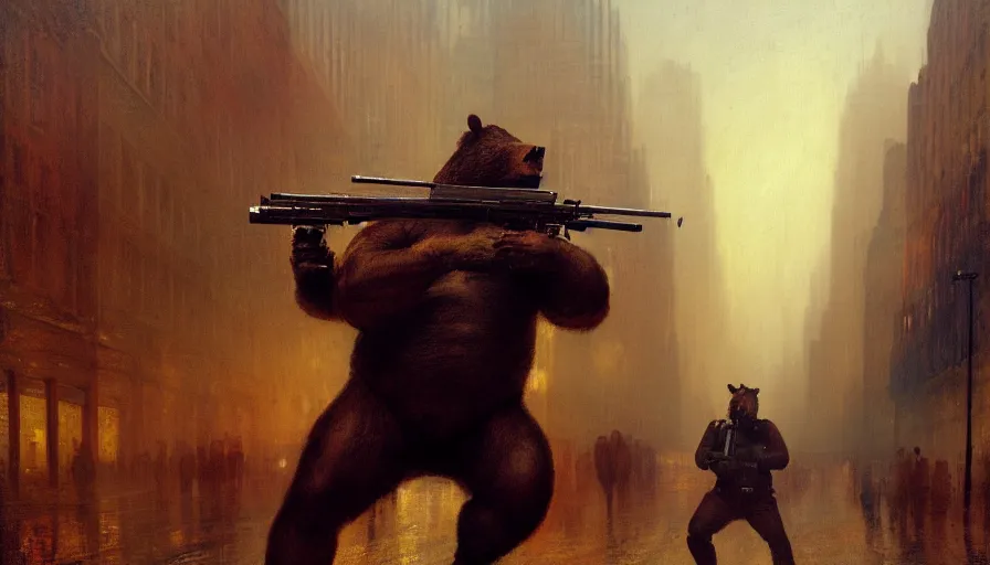 Prompt: highly detailed painting of a humanoid half bear half man pig creature in a nypd uniform, shotgun in hand, streets of nyc, by william turner, by greg rutkowski, by william constable, thick brush strokes and visible paint layers, 4 k resolution