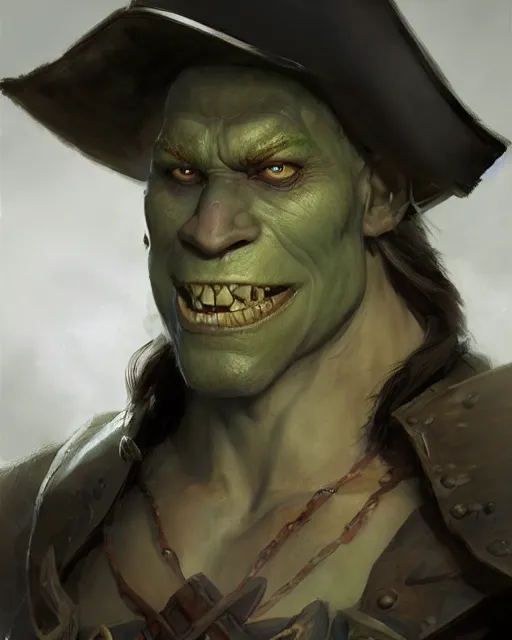 Prompt: portrait of a pale skin self confident smiling orc with a pirate hat, dramatic lighting concept art by craig mullins and ruan jia and raphael lacoste, trending on artstation