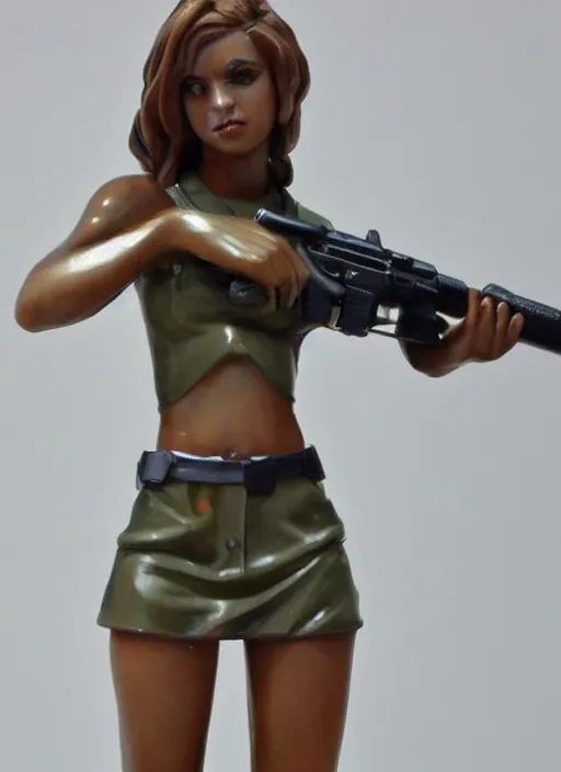 Prompt: Image on the store website, eBay, 100mm Resin figure of a girl with gun, pose for cam.