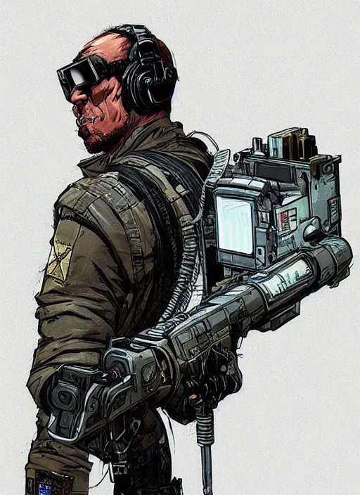 Image similar to Menacing Hector. buff cyberpunk mercenary wearing a cyberpunk headset, military vest, and pilot jumpsuit. square face. Concept art by James Gurney and Laurie Greasley. Moody Industrial skyline. Exaggerated proportions. ArtstationHQ. Creative character design for cyberpunk 2077.