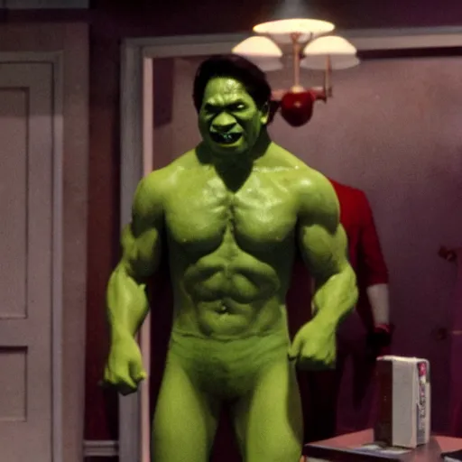 Image similar to pee wee herman as the incredible hulk, movie still, 8 k