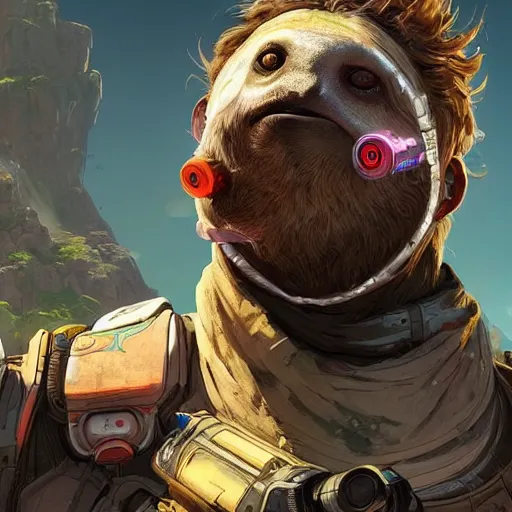 Image similar to sloth working on pc as apex legends character, digital illustration portrait design, by android jones and greg rutkowski, retrowave color scheme, detailed, cinematic lighting, wide angle action dynamic portrait