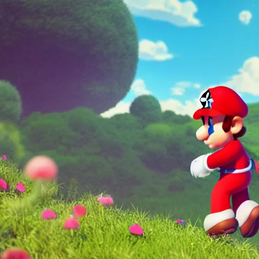 Image similar to a wholesome animation key shot of mario on a hill, fluffy pink anime clouds, studio ghibli, pixar animation, sharp, rendered in unreal engine 5, anime key art, bloom, dramatic lighting