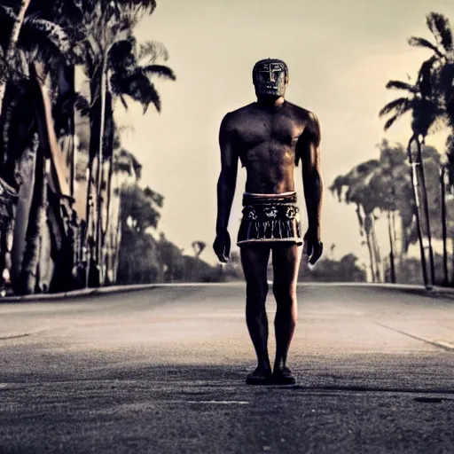 Prompt: empty street, kneeling mayan jaguar warrior, portrait, at dawn, by addy campbell, cinematography by quetzalcoatl