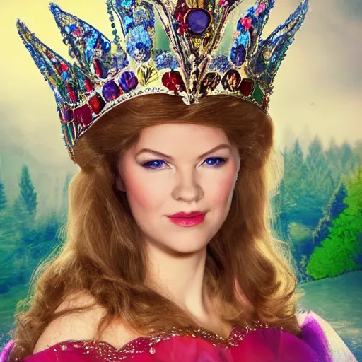 Image similar to a very detailed and sharp photo of Chantal Janzen as a princess in a fairytale, colorful image, trending on artstation