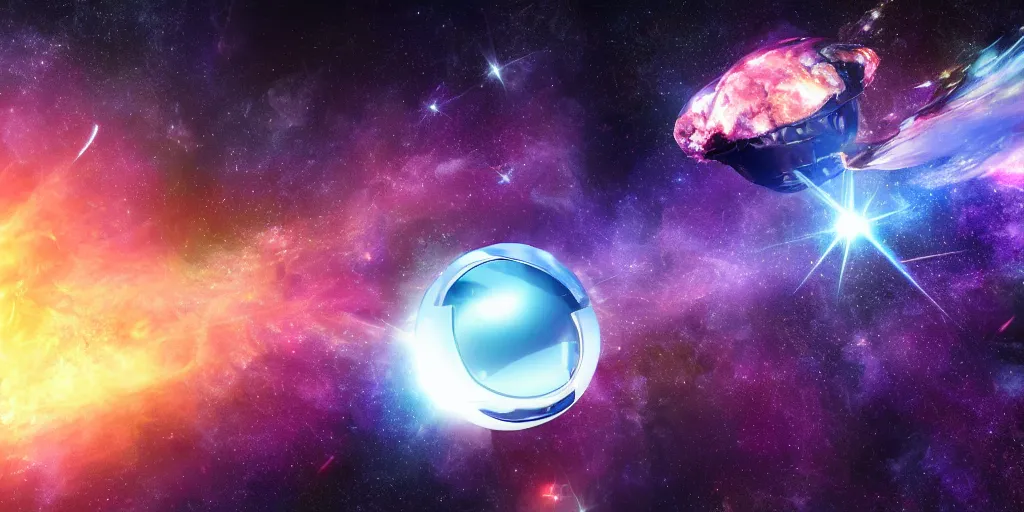 Prompt: chrome blob flying through space at hyperspeed, futuristic nebula photorealistic render unreal ultrawide wonderful