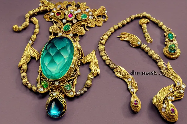 Image similar to highly detailed oil painting, front view, very realistic gemstones, art nouveau, ornate, delicate, brilliant precious gemstones necklace, necklace on display, dramatic light,