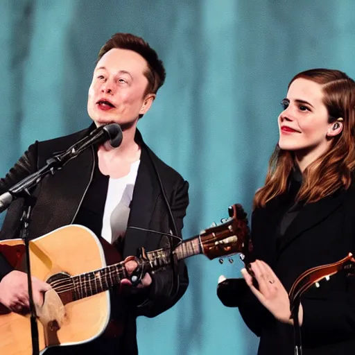 Image similar to elon musk & emma watson performing at woodstock