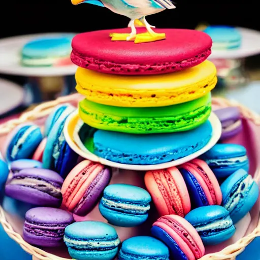 Image similar to A blue jay standing on a large basket of rainbow macarons.