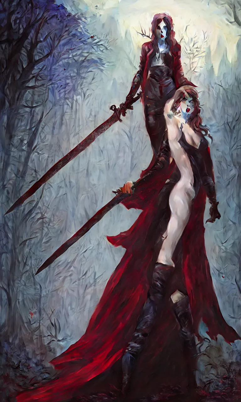 Prompt: full figure, full body, female vampire, pale skin, red jacket, holding a sword wrapped in blue sparkling magic, walking towards the camera, camera pulled back far, detailed illustration, intricate details, surrounded by zombies, 8 k post processing, scary atmospheric lighting, photoshop, art by artgerm and greg rutkowski and alphonse mucha