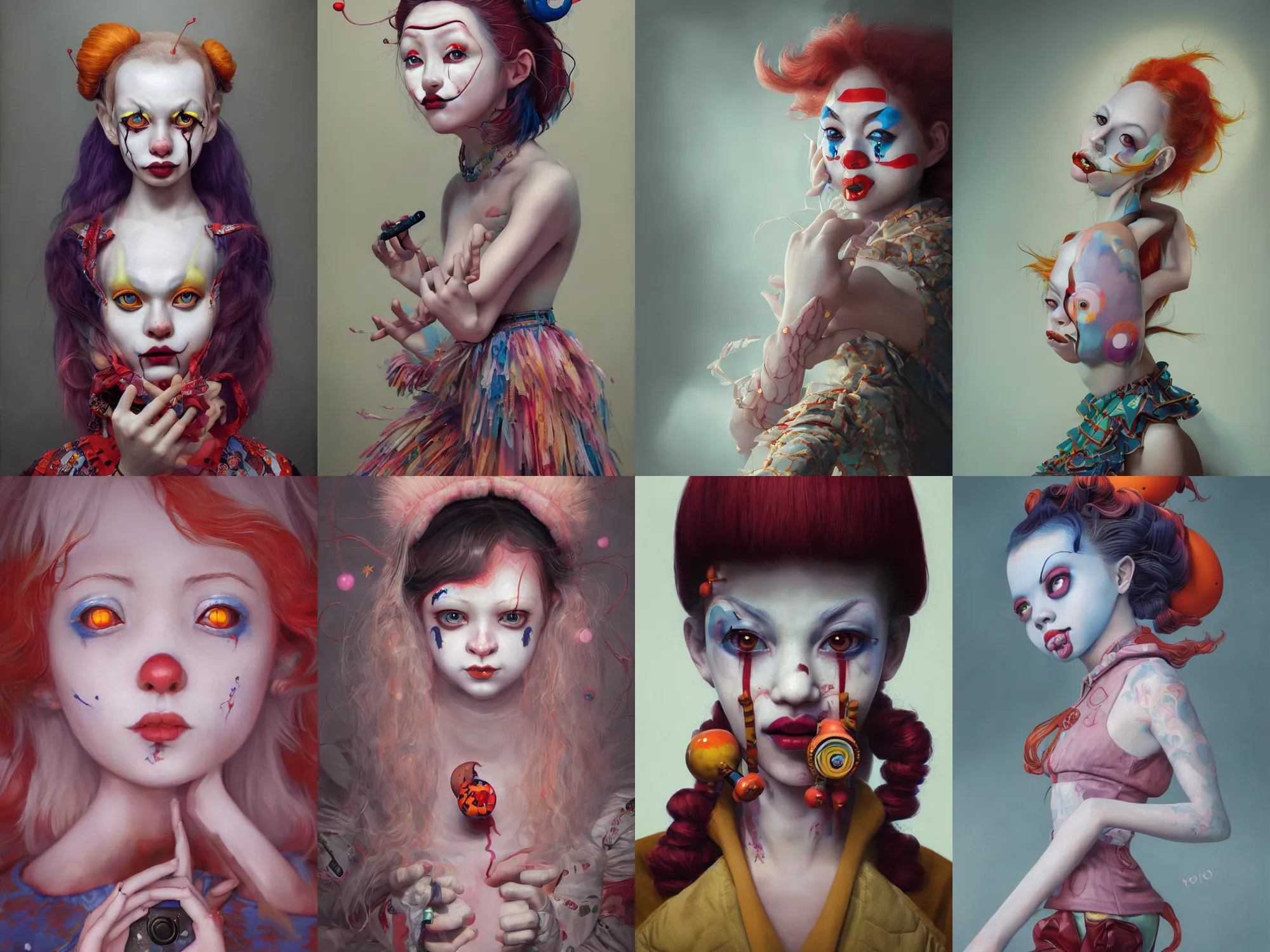 Image similar to breathtaking detailed painting of clown girl , with anxious, piercing eyes, Atari game cover art by Hsiao-Ron Cheng, James jean, Miho Hirano, Hayao Miyazaki, extremely moody lighting, hyperrealistic, octane render, RPG portrait, ambient light, dynamic lighting