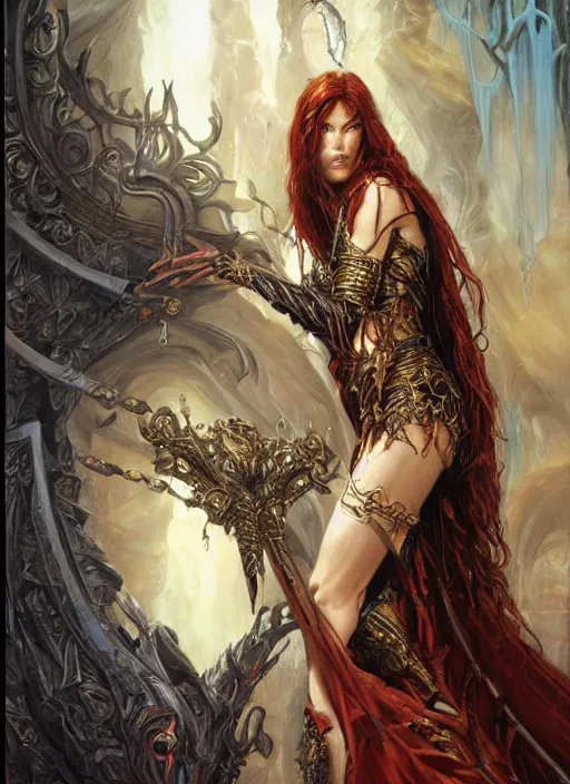 Image similar to a highly detailed painting of a evil female fantasy paladin sorceress with piercing beautiful eyes, art by karol bak and mark brooks and donato giancola and bayard wu, reallusion character creator, depth perception, elegant, intricate