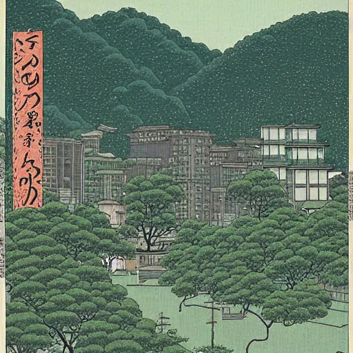 Image similar to a city full of various plants, Kawase Hasui,