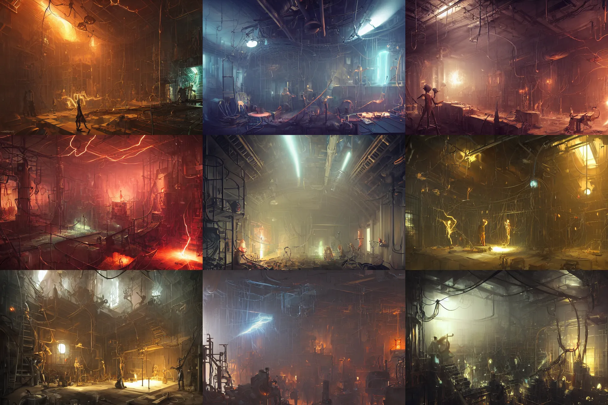 Prompt: boiler room of a basement, victorian mad scientists, sparks, electrical cables, lightning bursts, polygonal iron steel walls, by peter mohrbacher dan mumford craig mullins nekro, cgsociety, pixiv, volumetric light, 3 d render