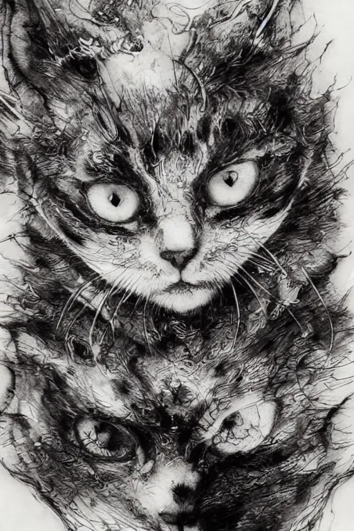 Image similar to evil kitten vampire, pen and ink, intricate line drawings, by Yoshitaka Amano, Ruan Jia, Kentaro Miura, Artgerm, watercolor