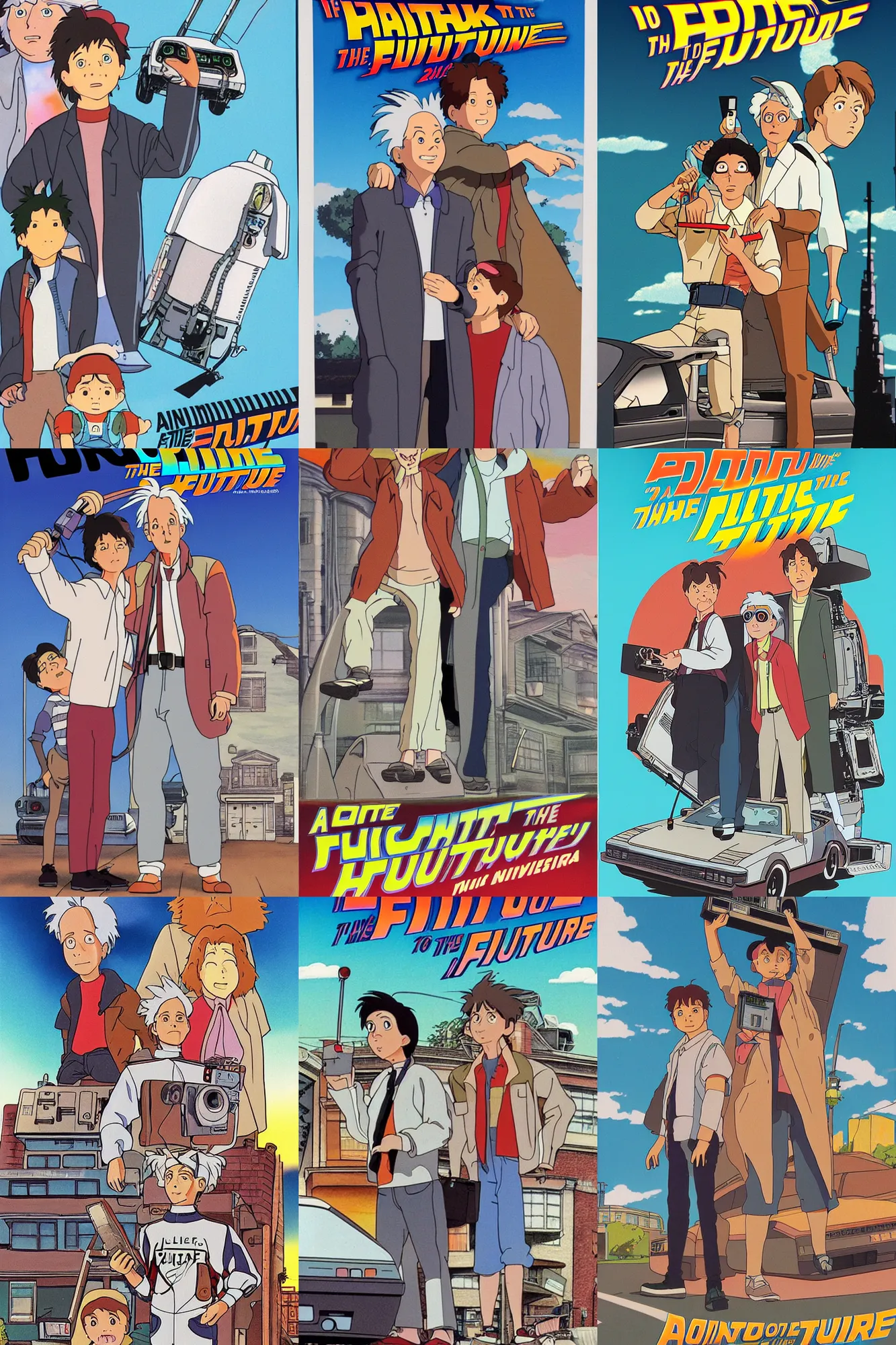 Prompt: a painted vhs cover for the back to the future animated studio ghibli movie