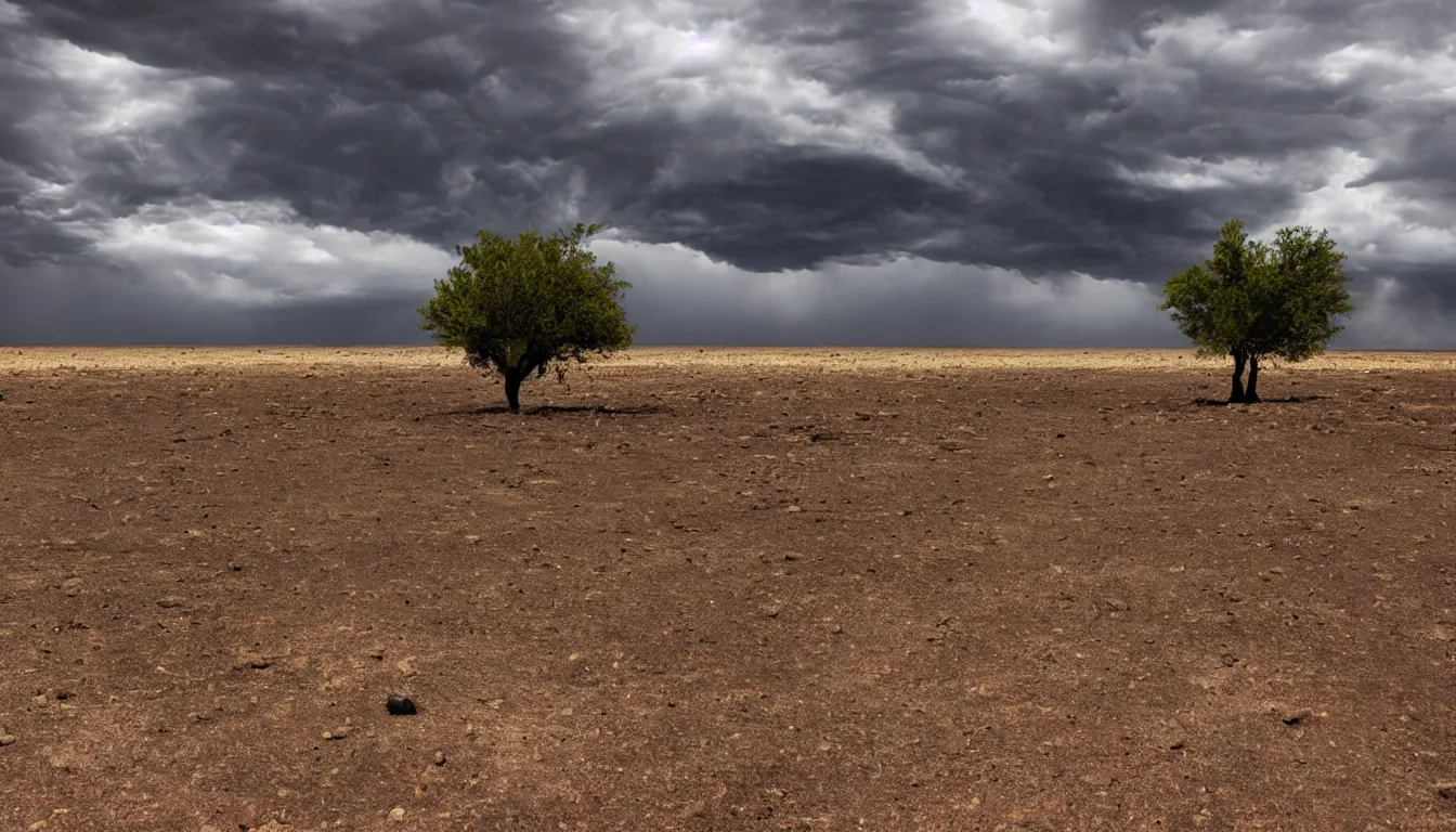 Prompt: barren desert with large storm clouds and a single tree