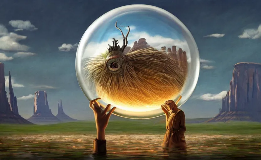 Image similar to a scary hyperrealist painting of a tribal elder in a giant transparent forcefield crystal ball from howl's moving castle ( 2 0 0 4 ) in a flooded monument valley stonehenge jungle. depth perception, 4 k, artstation, in the style of studio ghibli