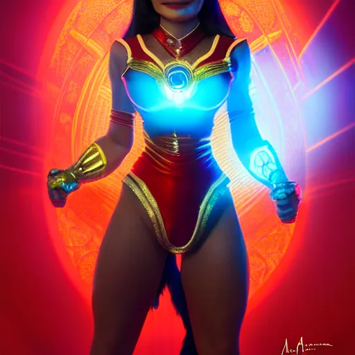 Image similar to mia khalifa as darna, wax figure, glowing eyes, volumetric lights, red and cyan theme, art nouveau botanicals, intricate, highly detailed, digital painting, artstation, concept art, smooth, sharp focus, cinematic, illustration, beautiful face, art by artgerm and greg rutkowski and alphonse mucha