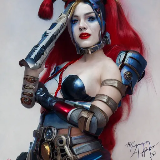 Image similar to a portrait of Harley Quinn in bikini armor, Warhammer 40000, cyberpunk, intricate, elegant, highly detailed, digital painting, trending on artstation, concept art, smooth, sharp focus, illustration, art by Ruan Jia and Mandy Jurgens and Artgerm and william-adolphe bouguereau and greg rutkowski and alphonse mucha