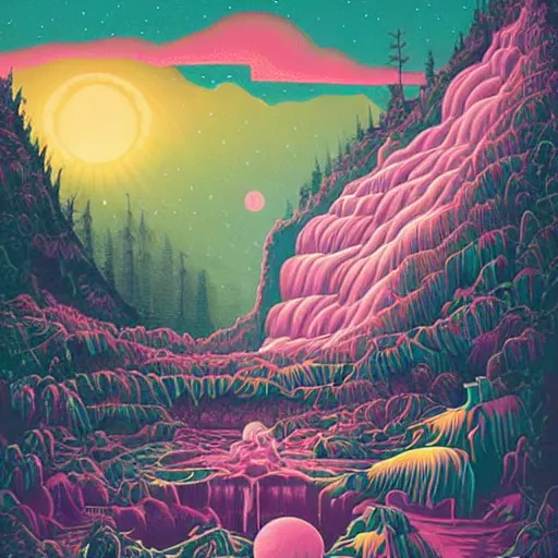 Prompt: ngc 3132 falling waterfall mysterious bone yard landscape by Casey Weldon, edge of the world, composite, colorful, high quality, featured art print, trending on behance