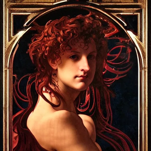 Image similar to godlike awe-inspiring Lucifer portrait, standing tall invincible, stunning, breathtaking, award-winning, groundbreaking, concept art, nouveau art, Dark Fantasy mixed with Socialist Realism, by Michelangelo, Caravaggio, Alphonse Mucha, Michael Whelan, William Adolphe Bouguereau, John Williams Waterhouse, and Donato Giancola, extremely moody lighting, glowing light and shadow, atmospheric, fine art, trending, featured, 8k, photorealistic, complex, intricate, 3-point perspective, hyper detailed, unreal engine 5, IMAX quality, cinematic, symmetrical, high resolution, 3D, PBR, path tracing, volumetric lighting, octane render, arnold render