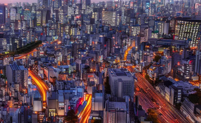 Image similar to 3 d render of tokyo city from a rooftop view, sunset lighting, unreal engine, hyper realism, realistic shading, cinematic composition, blender render, octane render, hdr, detailed textures, photorealistic, ultrawide shot, 1 6 mm lens