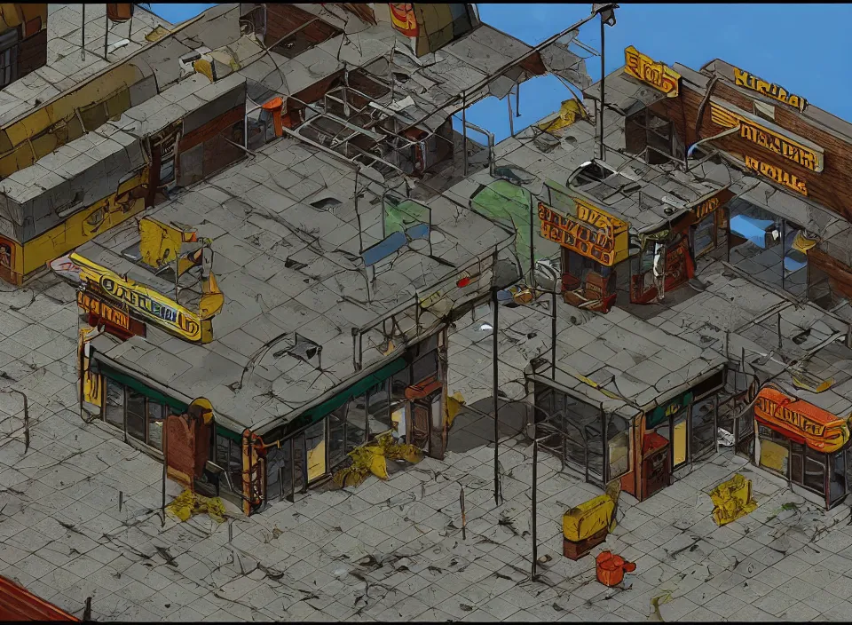 Image similar to Screenshot of the outside of an abandoned rusty McDonald restaurant in Fallout 2 (1998), isometric perspective, postapocalyptic, bird's eye view, prerendered isometric graphics, high quality