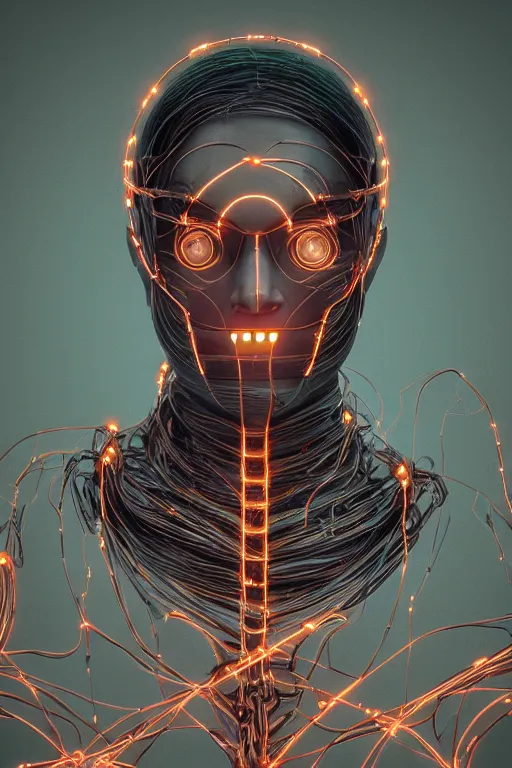 Image similar to organic cyborg head wrapped in barb wire by Jamie Coreth, trending on artstation, centered, symmetrical, cinematic lighting, hologram colors, bilateral symmetry, 80s poster, polished, thick smoke, retro dark vintage sci-fi, 2D matte illustration