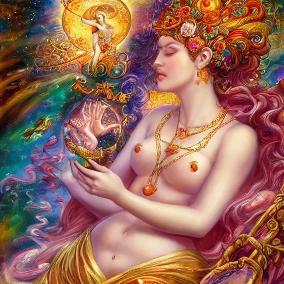 Prompt: a celestial goddess on her day off catching up on social media in bed, magic realism, art by josephine wall, art by huang guangjian, art by viktoria gavrilenko, art by amanda sage, trending on artstation