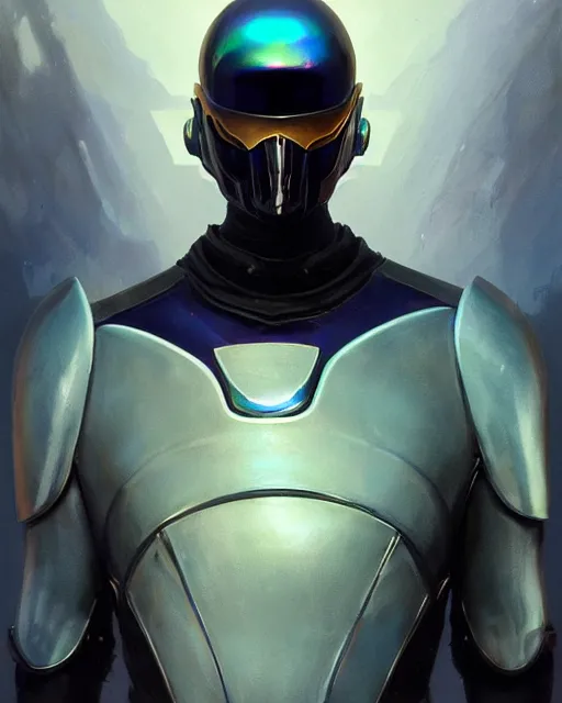 Prompt: character concept of iridescent sinewy smooth muscular male sleek glossy indigo black pearlescent scifi armor with smooth black featureless helmet, by greg rutkowski, mark brookes, jim burns, tom bagshaw, magali villeneuve, trending on artstation