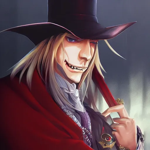 Prompt: portrait of alucard as a merchant, anime fantasy illustration by tomoyuki yamasaki, kyoto studio, madhouse, ufotable, trending on artstation