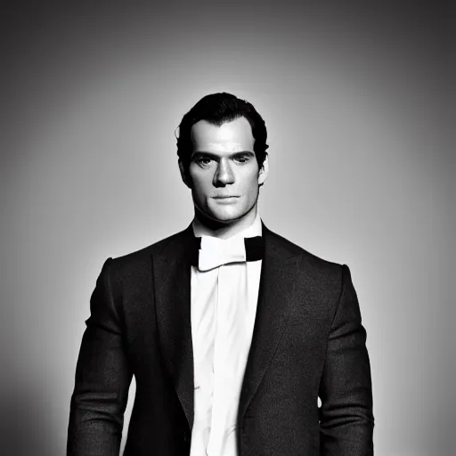 Image similar to a studio portrait of henry cavill as the next james bond, black and white, 5 0 mm 1. 2 lens, low key lighting