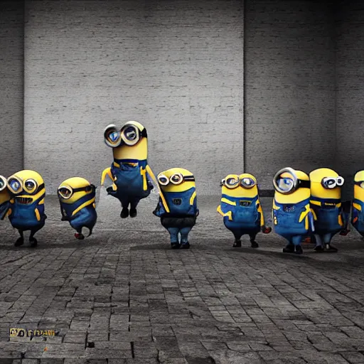 Prompt: Minions living in an insane asylum, creepy photo, minions screaming, nightmare, UHD, 8K