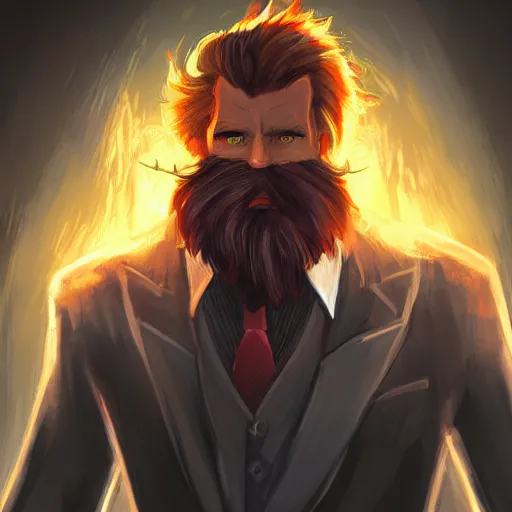 Image similar to fire giant, suit and tie, fire hair, science fiction, d & d, concept art, sharp focus, illustration, character art,